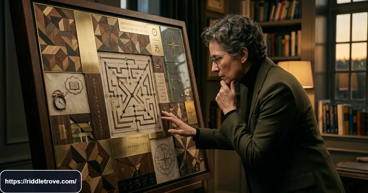 Challenging visual brain puzzle board filled with layered clues and patterns