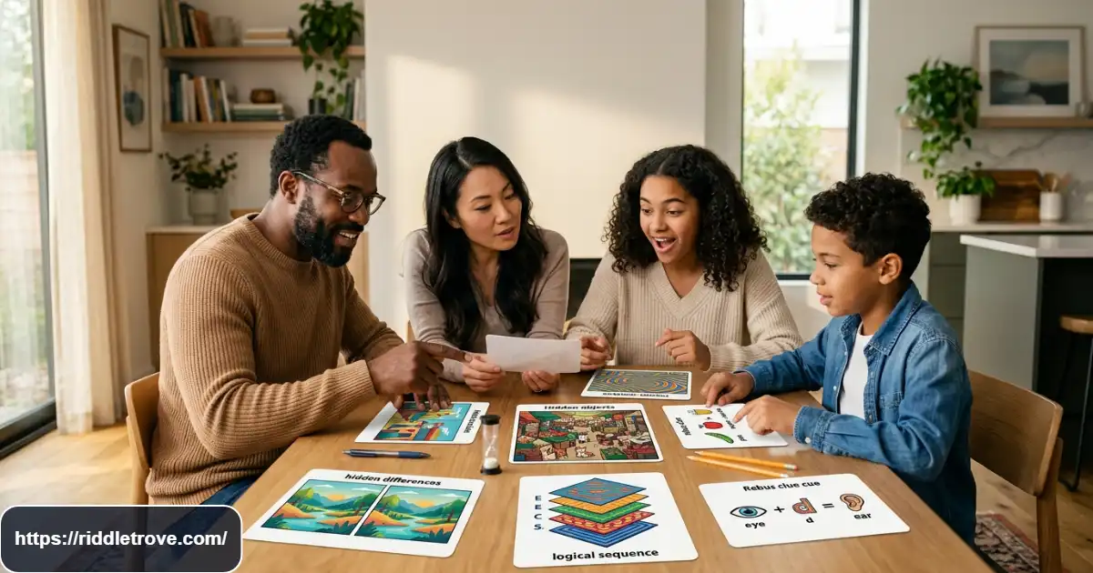 Kids and adults solving colorful image riddles with answers together