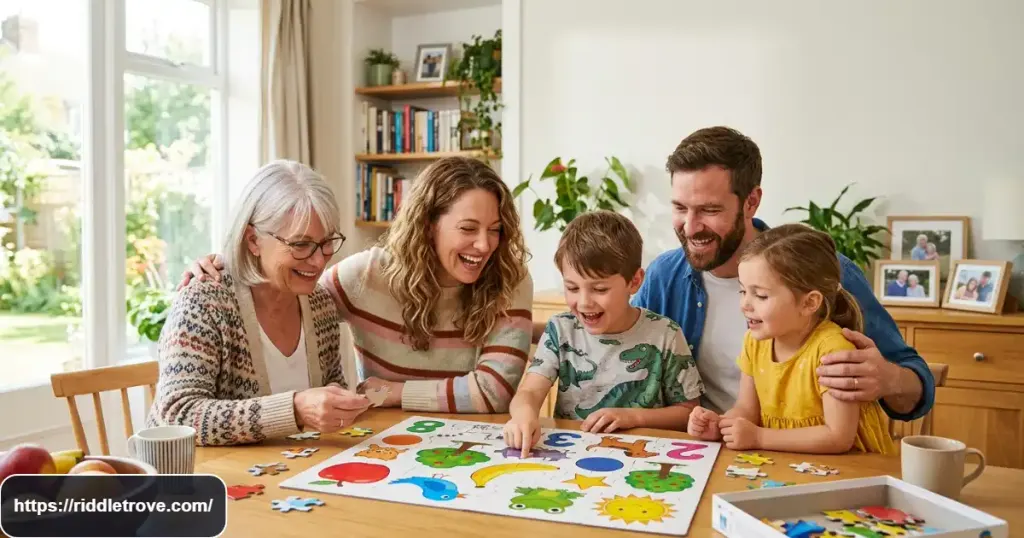 Family solving easy image riddles with colorful visual clues together