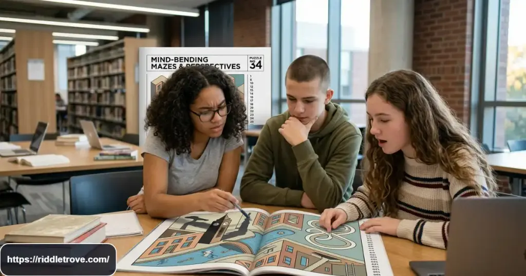 Teens studying a challenging visual brain teaser with hidden clues
