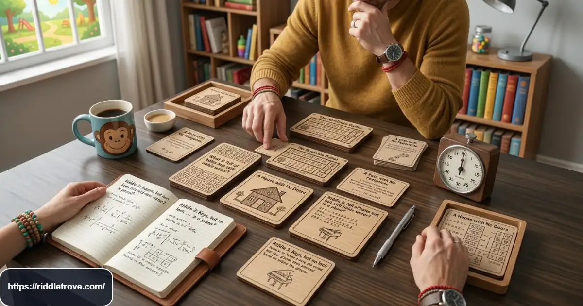 Short difficult riddles displayed on cards for a quick brain challenge