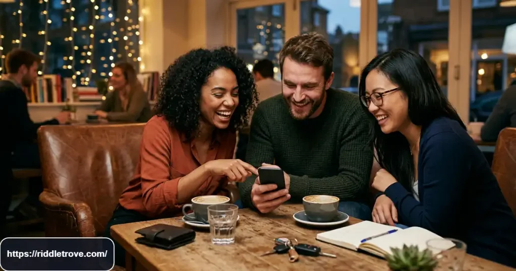 Adults laughing over relatable everyday life riddles with coffee and phones nearby