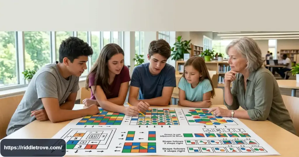 Family solving a visual logic puzzle involving patterns shapes and positions