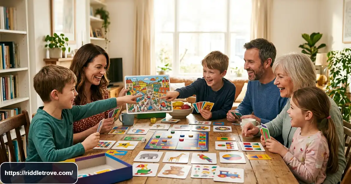 Parents and children solving family-friendly picture riddles together
