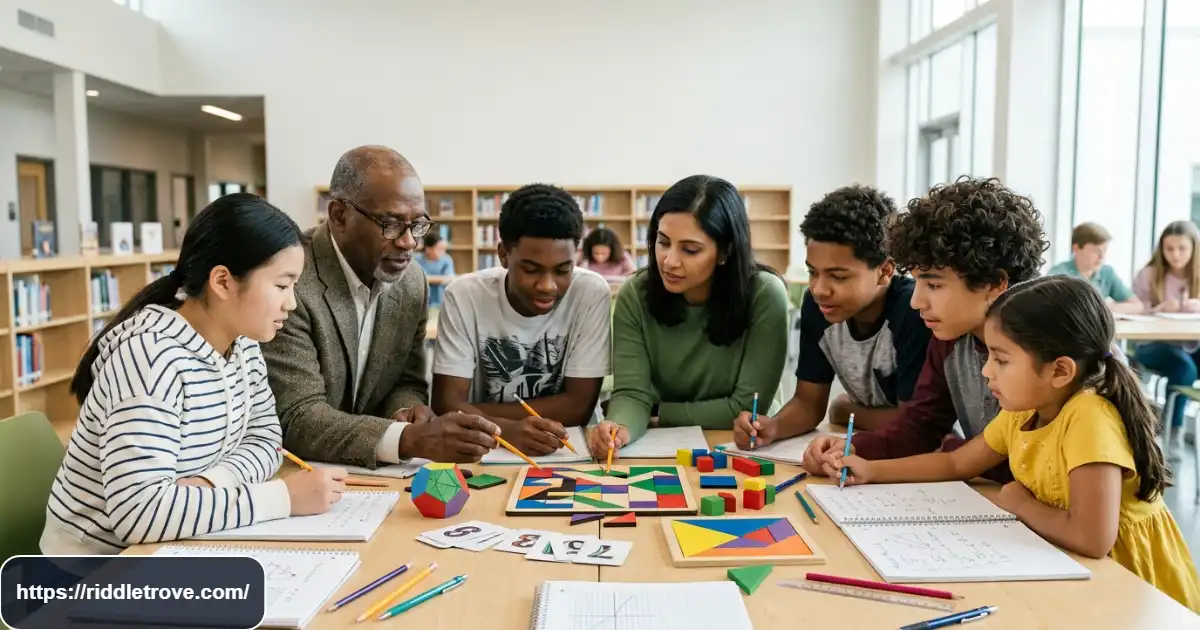 Children and adults solving colorful math riddles at a puzzle table