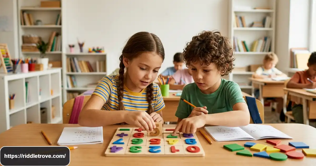 Young learners solving simple number riddles with notebooks and colorful math cards