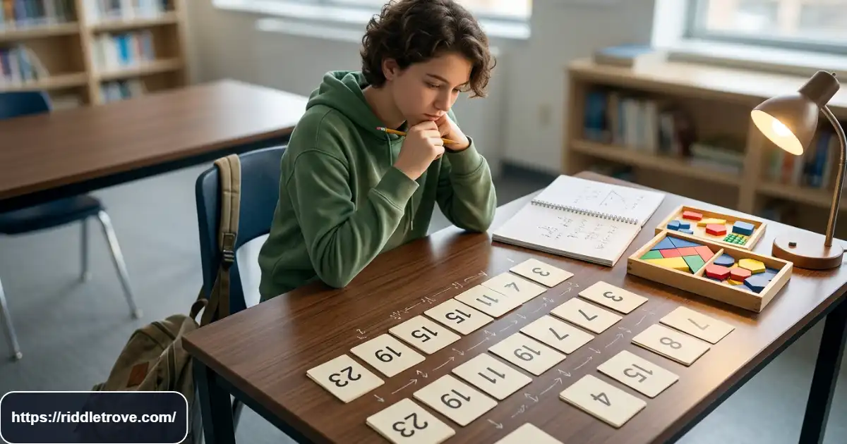 Student examining number sequences and pattern cards during a math puzzle activity