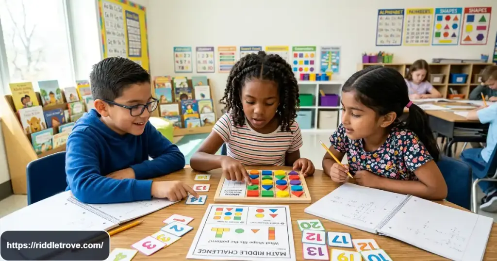Kids working together on fun math riddles with numbers shapes and puzzle cards