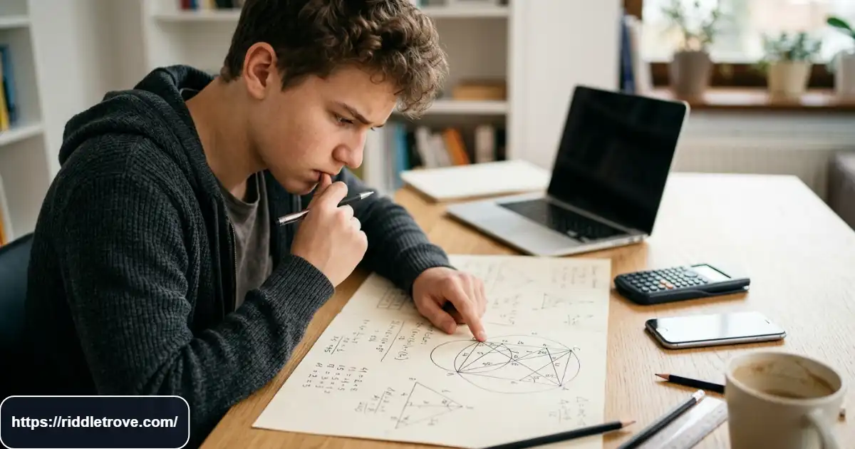 Teen working intensely on a difficult mathematical brain teaser with number clues