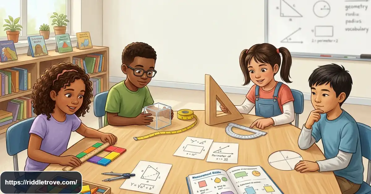 Geometry riddles featuring colorful shapes, angles, measurements, and math puzzles