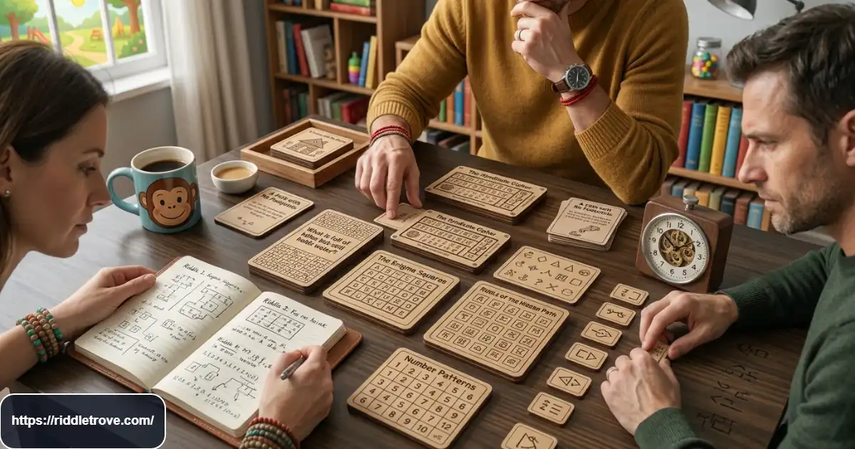 People solving very hard riddles with answers around a puzzle table