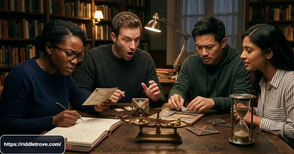 Friends concentrating on a difficult final riddle challenge during game night