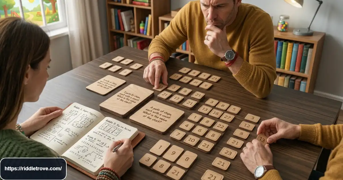 Adults solving difficult logic riddles using notes and clues