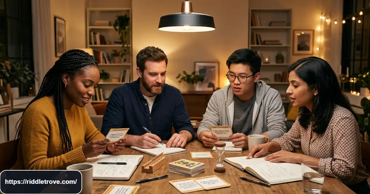 Adults solving challenging riddles together during a competitive puzzle game