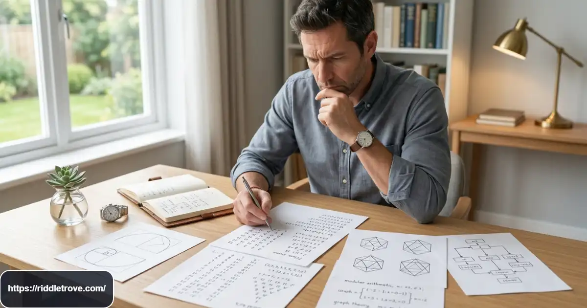 Person solving very hard number riddles with patterns on paper