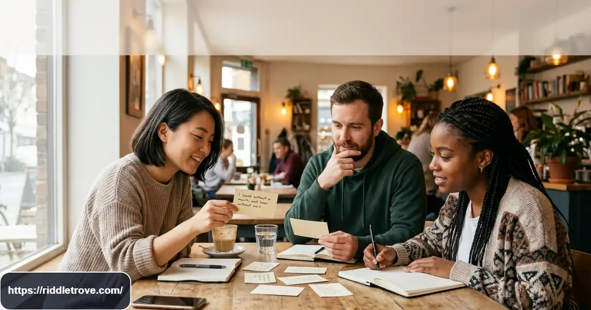 Adults solving short challenging riddles together around a table