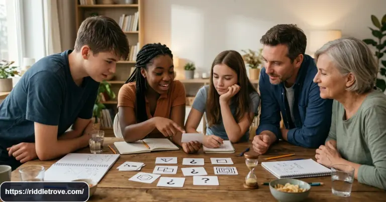 Friends solving a collection of challenging riddles together