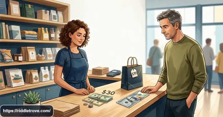 Man solving a $100 shop theft riddle with cash and merchandise