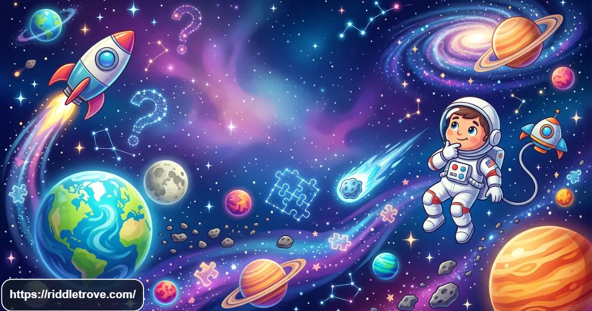 120 space riddles with answers featuring planets, stars, astronauts, and a rocket