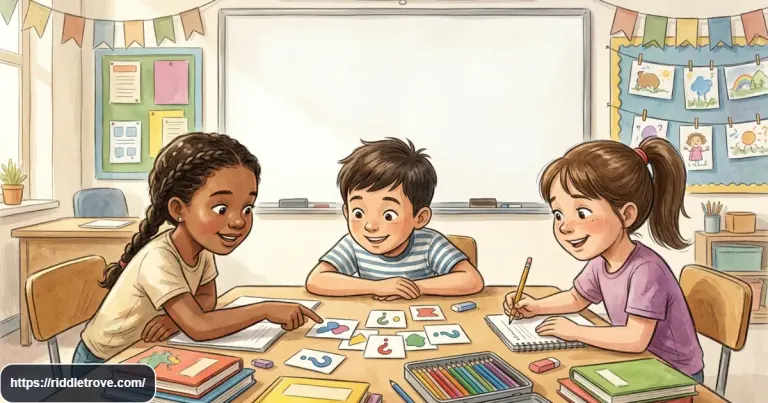 Children solving 2nd grade riddles together in a bright classroom