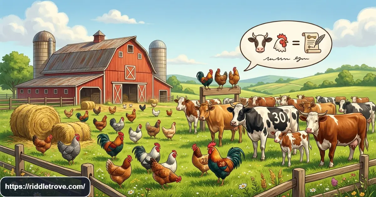 Cows and chickens representing the 30 cows and 28 chickens riddle