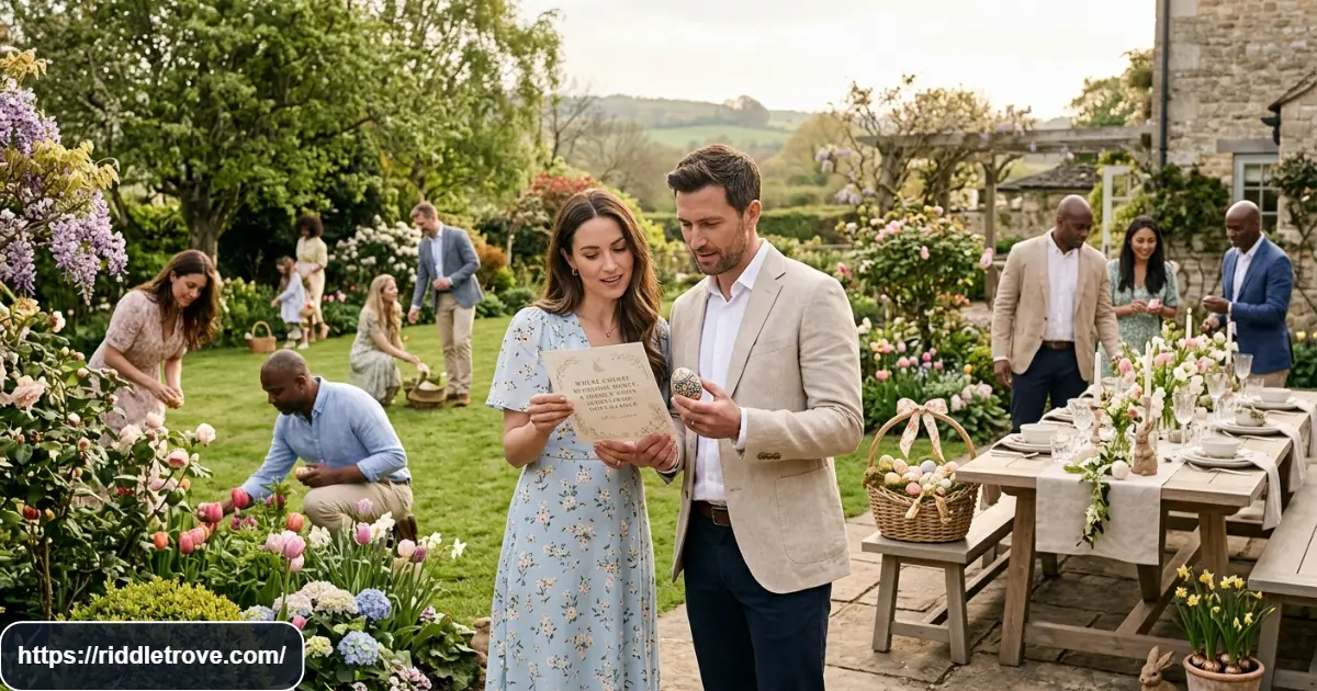 Adults solving challenging Easter egg hunt riddles at a festive spring gathering
