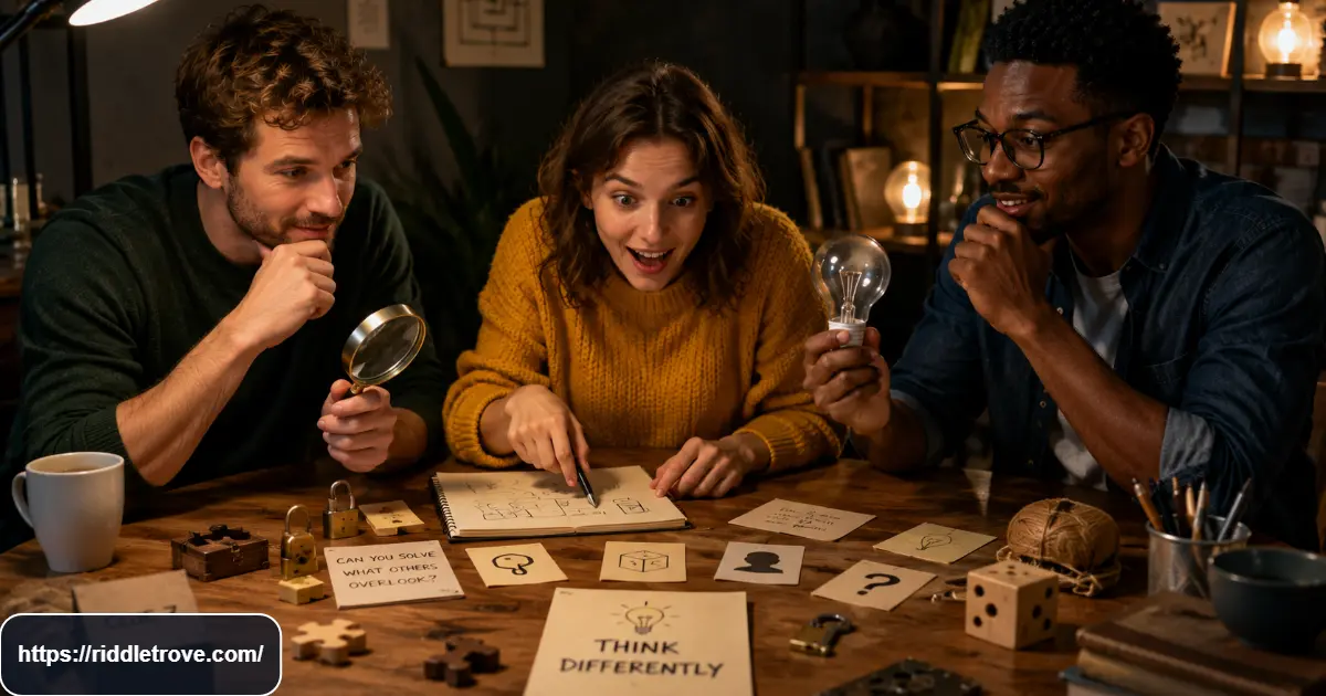 Adults exploring an unusual lateral thinking puzzle with visual clues and objects
