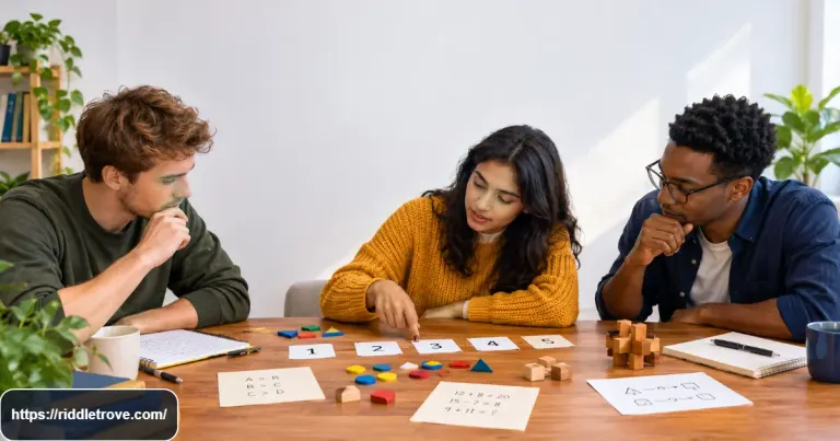 Adults solving challenging brain teasers with cards numbers and logic clues