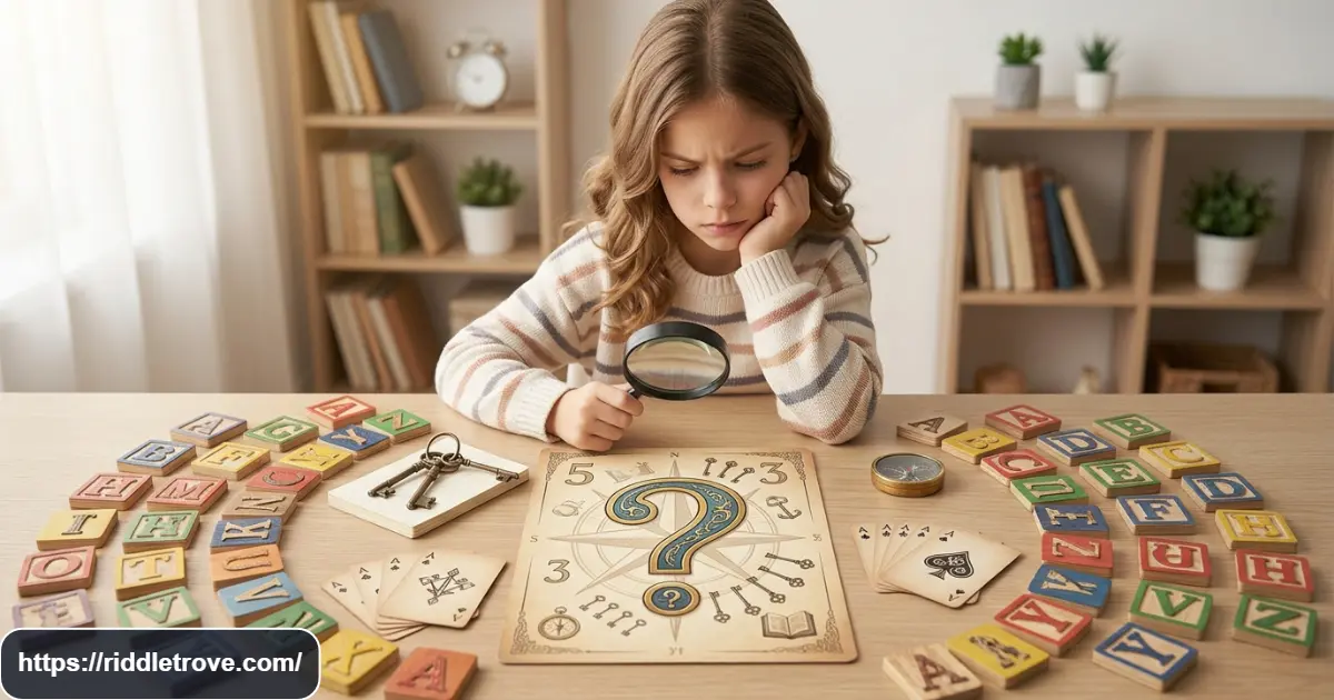 Child solving the how many letters in the alphabet riddle with alphabet tiles
