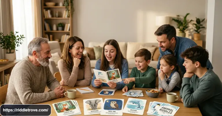 Kids and adults solving animal riddles together with colorful animal clue cards