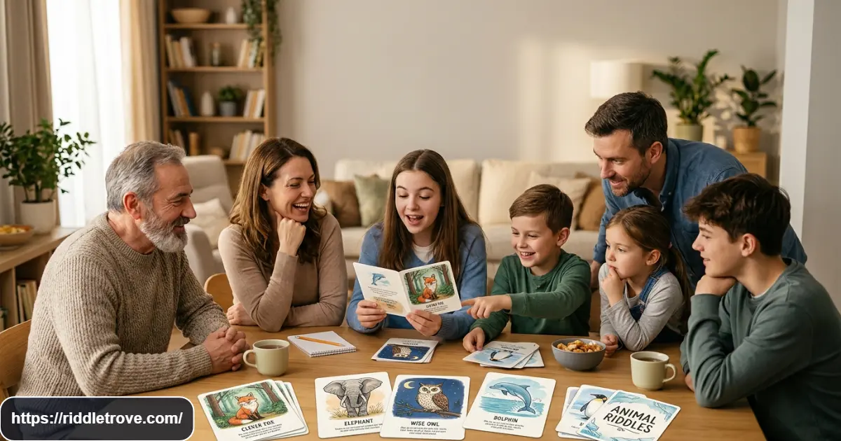 Kids and adults solving animal riddles together with colorful animal clue cards