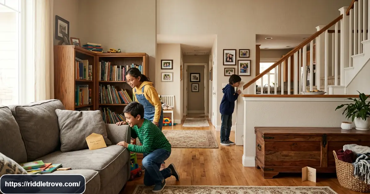 Children solving around-the-house treasure hunt riddles with hidden clue cards