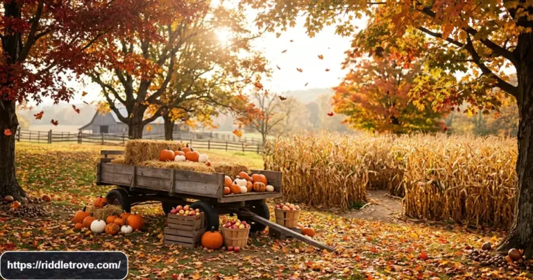 Autumn scene with colorful leaves, pumpkins, apples, acorns, and a hay wagon