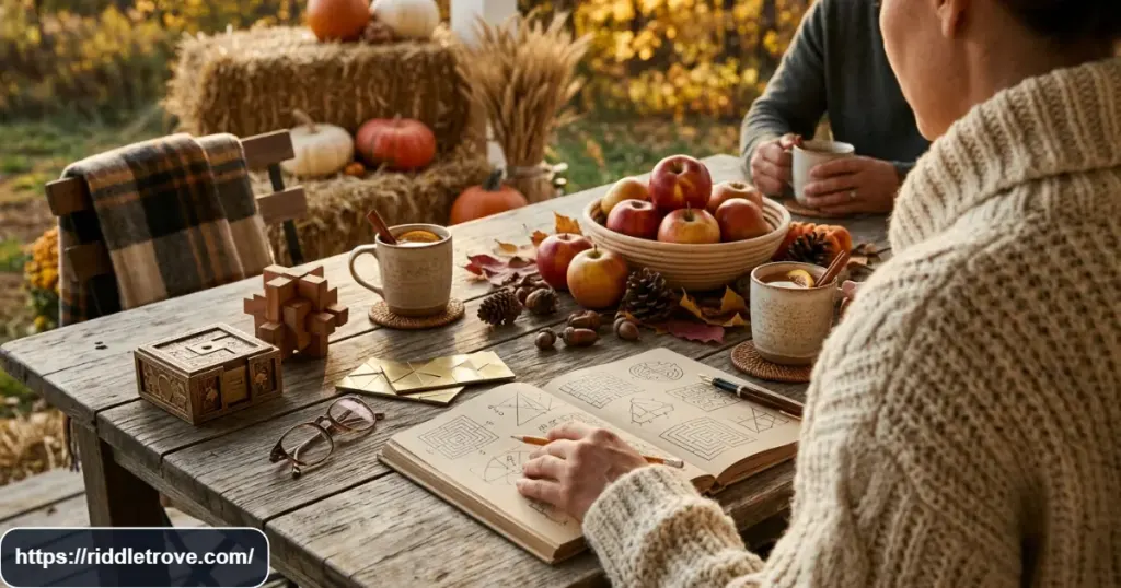 Cozy autumn scene with golden leaves, apples, acorns, cider, and a warm sweater