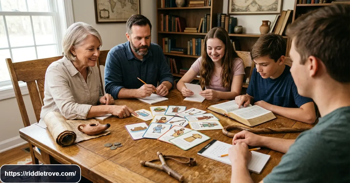 Family matching Bible character clues during a tabletop puzzle activity