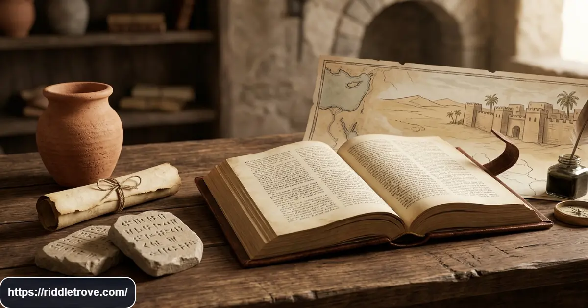 Open Bible surrounded by a biblical map, ancient places, scroll, jar, and stone tablets for place and object riddles.