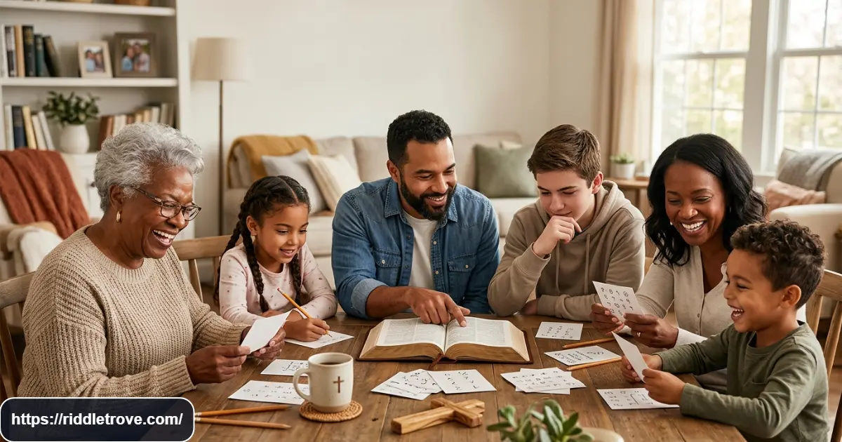 Family solving Bible riddles together around an open Bible
