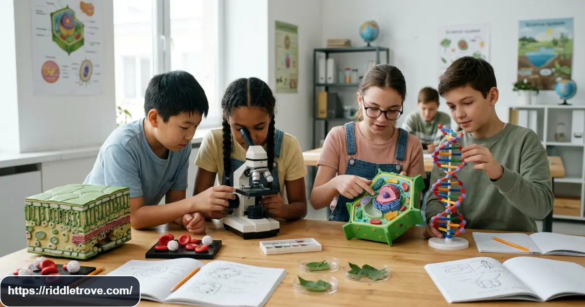 Students exploring biology riddles with cells, DNA, plants, and biology models