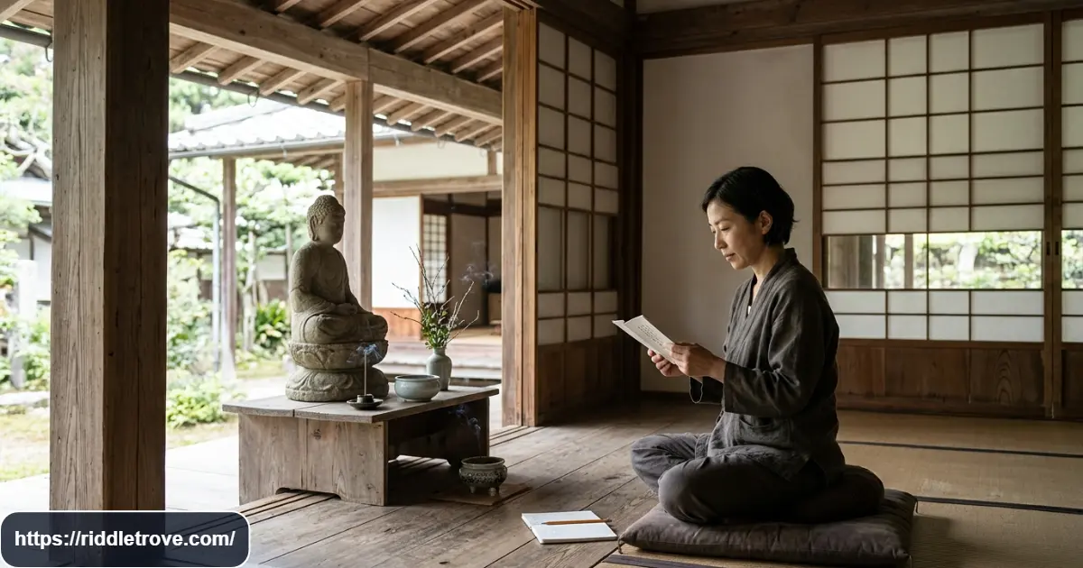 Reader solving Buddhist riddles near a peaceful Buddha statue
