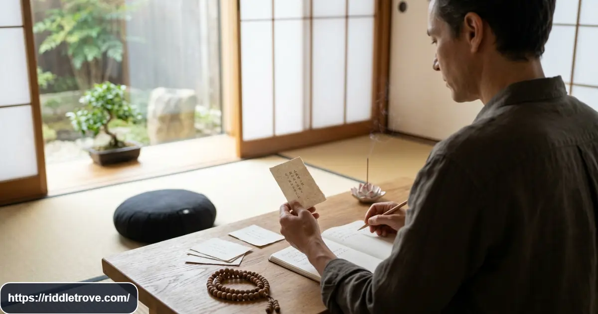 Reader solving Buddhist riddles beside a Zen meditation setting