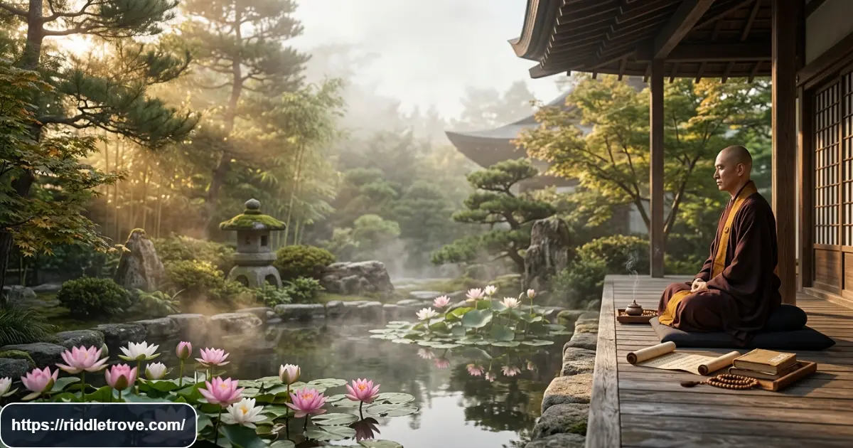 Peaceful Buddhist monk meditating among lotus flowers in a serene temple garden