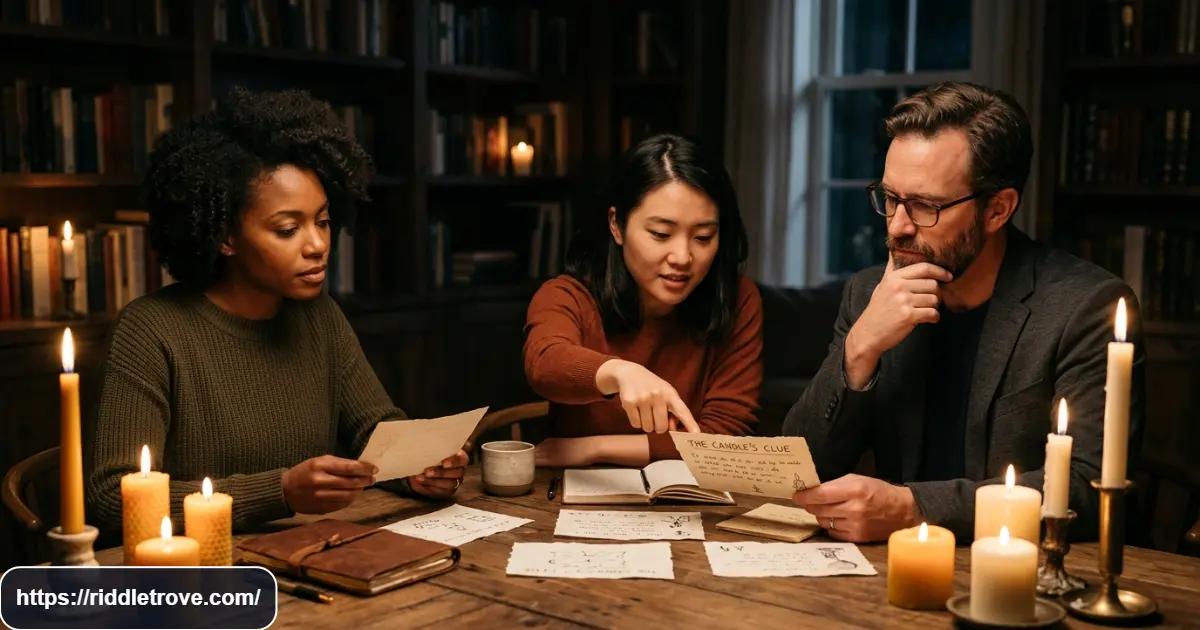 Adults solving clever candle riddles around a warmly lit table