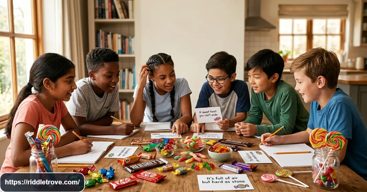 Children solving candy riddles with colorful sweets and clue cards