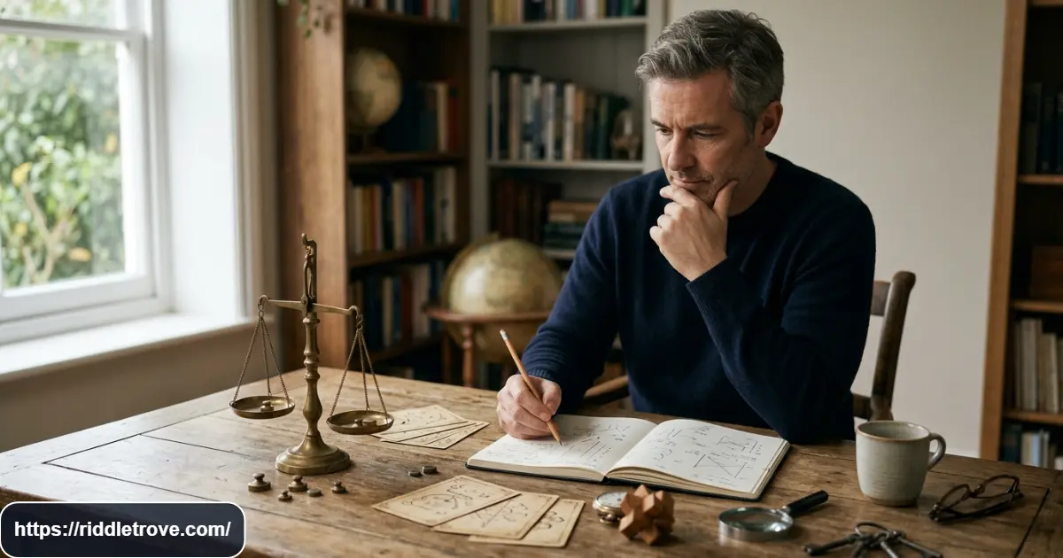Adult puzzler tackling challenging riddles in a quiet study