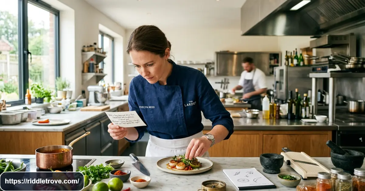 Chef preparing a signature meal while solving a clever food riddle