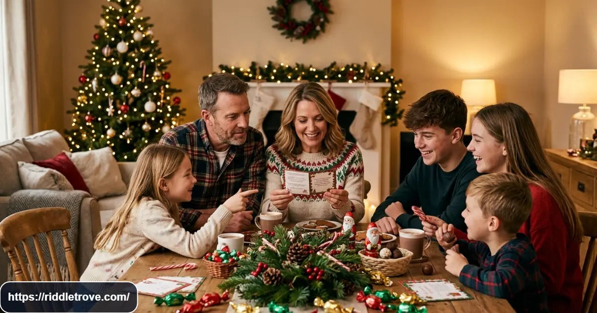 Family solving Christmas candy riddles beside holiday sweets