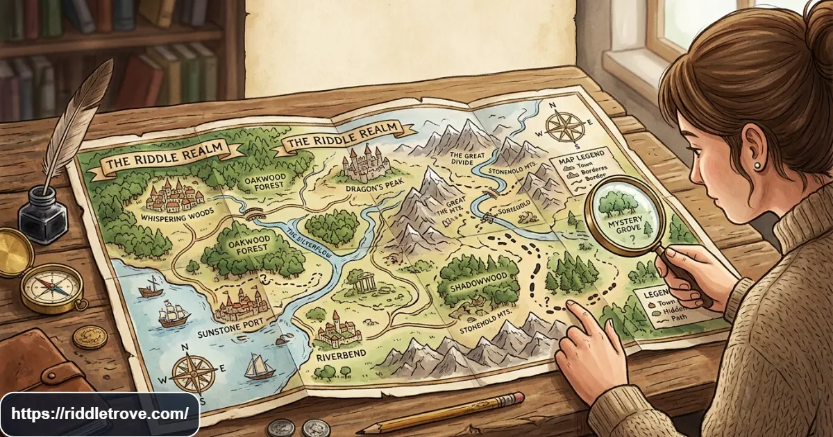 Map showing cities, forests, rivers, and mountains for a riddle