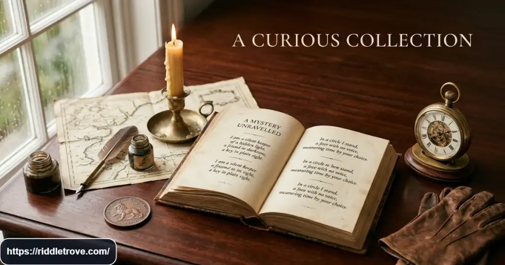 Classic riddle book open beside vintage puzzle objects on a wooden table