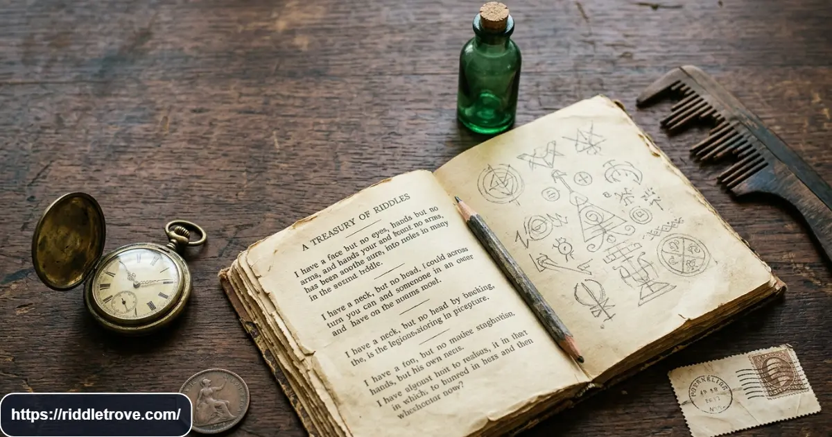 Classic riddles shown beside a puzzle book and everyday objects