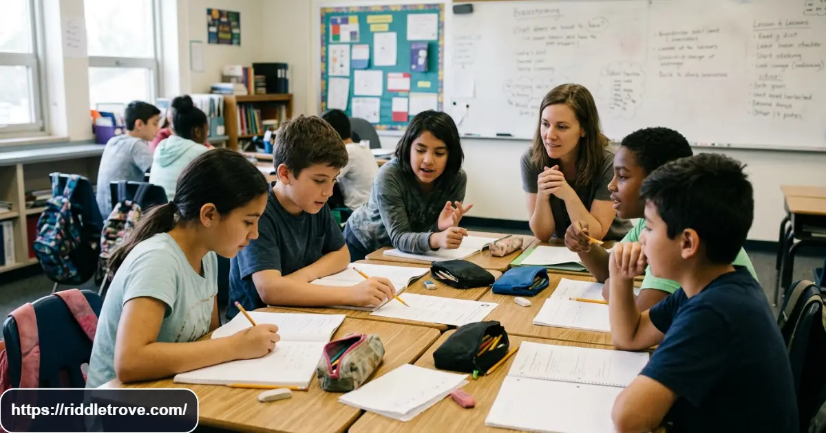 Small student group working together around classroom desks while a teacher observes their riddle-solving activity. Show notebooks, worksheets, pencils, and a whiteboard in the background. Natural educational environment, realistic expressions, documentary-style editorial photography, balanced composition, and clear visual focus on collaboration. No logos or unnecessary text. 

